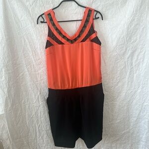 Pumpkin Season Romper, orange silk with beaded embroidery and black shorts
